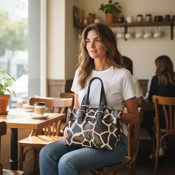 Dooney & Bourke Medium Chiara Leather Satchel Handbag Tote Brown Cream Giraffe - Picture 3 of 14